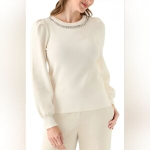 Anne Klein Women's Cream Top with Embellished Neckline